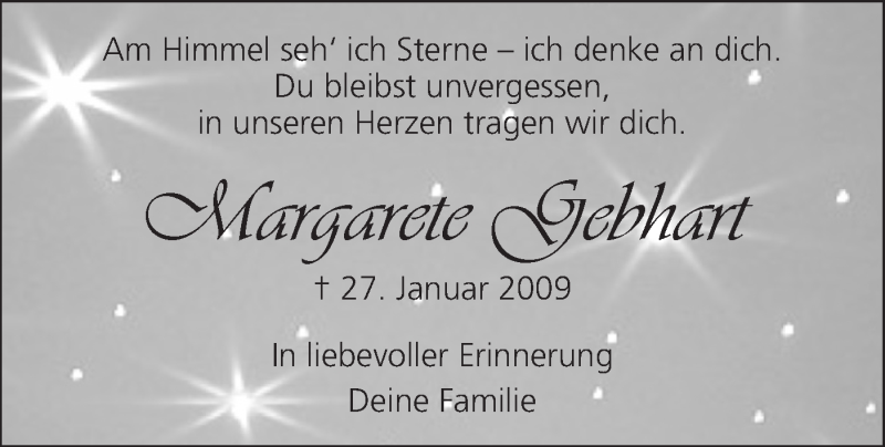  Traueranzeige für Margarete Gebhart vom 26.01.2019 aus Geislinger Zeitung