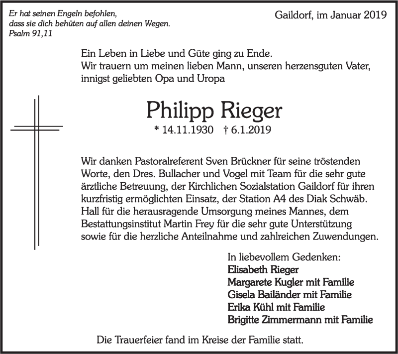  Traueranzeige für Philipp Rieger vom 17.01.2019 aus Rundschau Gaildorf