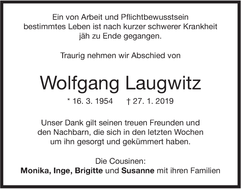  Traueranzeige für Wolfgang Laugwitz vom 01.02.2019 aus NWZ Neue Württembergische Zeitung