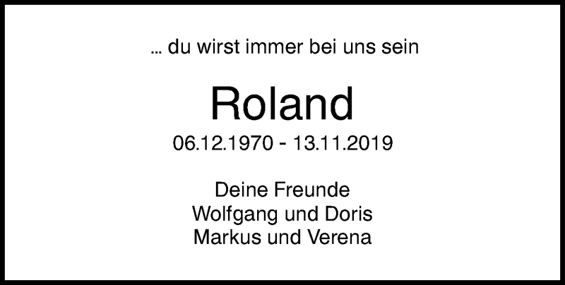  Traueranzeige für Roland Steidl vom 16.11.2019 aus SÜDWEST PRESSE Ausgabe Ulm/Neu-Ulm