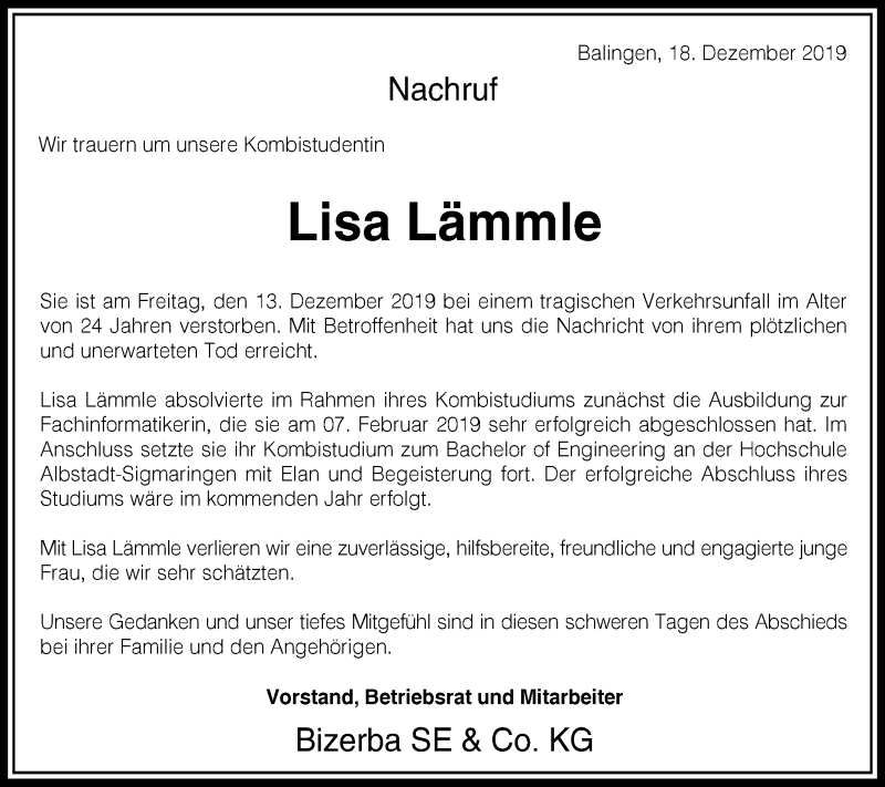  Traueranzeige für Lisa Lämmle vom 18.12.2019 aus Hohenzollerische Zeitung