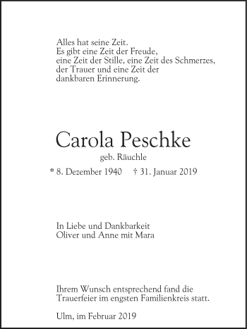 Traueranzeige von Carola Peschke von SÜDWEST PRESSE Ausgabe Ulm/Neu-Ulm