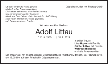 Traueranzeige von Adolf Littau von NWZ Neue Württembergische Zeitung