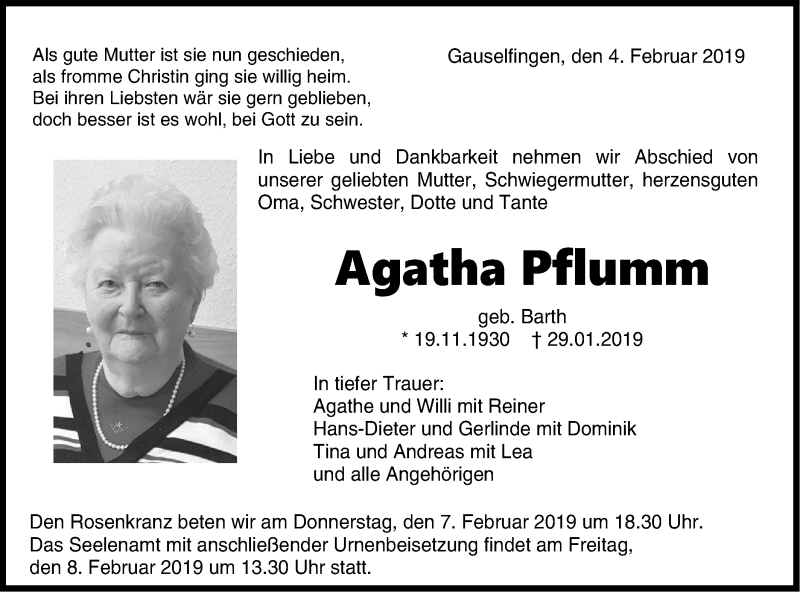  Traueranzeige für Agatha Pflumm vom 04.02.2019 aus Hohenzollerische Zeitung