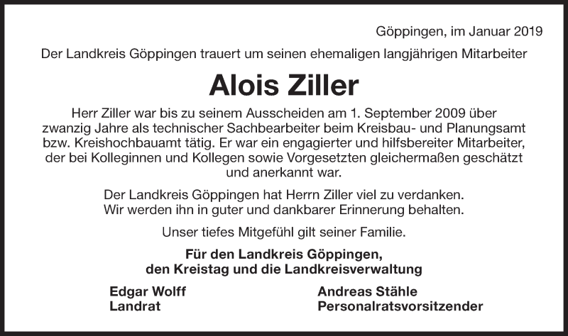  Traueranzeige für Alois Ziller vom 07.02.2019 aus NWZ Neue Württembergische Zeitung