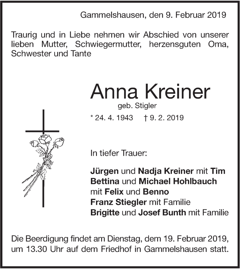  Traueranzeige für Anna Kreiner vom 16.02.2019 aus NWZ Neue Württembergische Zeitung