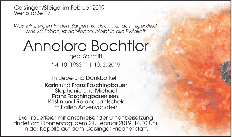  Traueranzeige für Annelore Bochtler vom 16.02.2019 aus Geislinger Zeitung