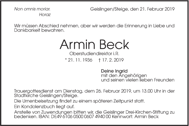  Traueranzeige für Armin Beck vom 21.02.2019 aus Geislinger Zeitung