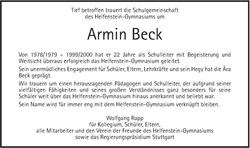  Traueranzeige für Armin Beck vom 21.02.2019 aus Geislinger Zeitung