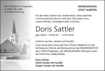 Traueranzeige von Doris Sattler von NWZ Neue Württembergische Zeitung