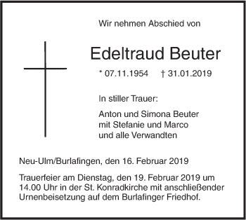 Traueranzeige von Edeltraud Beuter von SÜDWEST PRESSE Ausgabe Ulm/Neu-Ulm