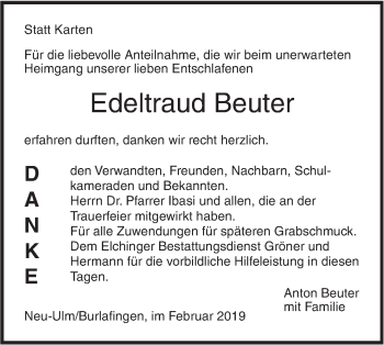 Traueranzeige von Edeltraud Beuter von SÜDWEST PRESSE Ausgabe Ulm/Neu-Ulm