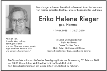Traueranzeige von Erika Helene Rieger von Haller Tagblatt