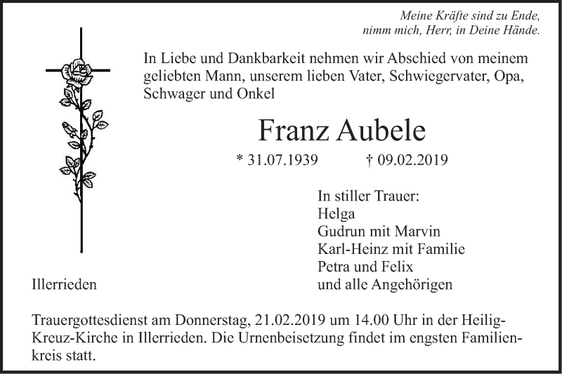  Traueranzeige für Franz Aubele vom 18.02.2019 aus Illertal Bote