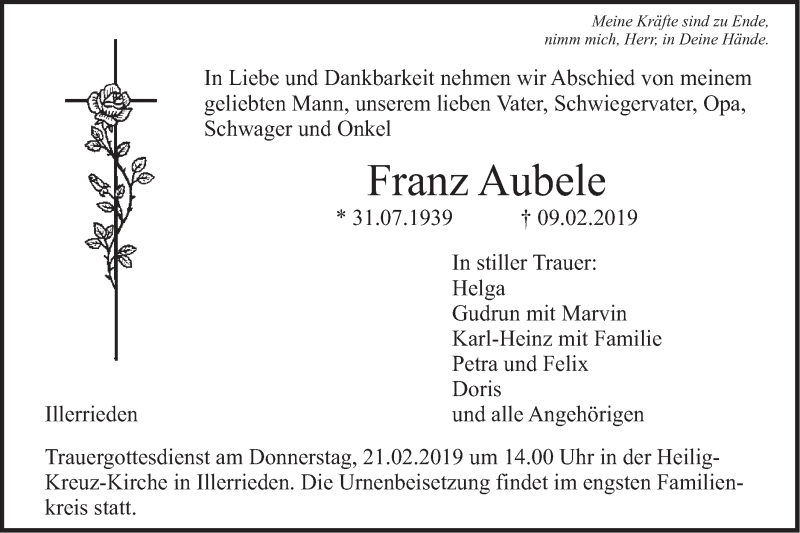  Traueranzeige für Franz Aubele vom 19.02.2019 aus Illertal Bote
