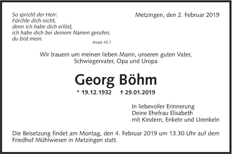  Traueranzeige für Georg Böhm vom 02.02.2019 aus Metzinger-Uracher Volksblatt