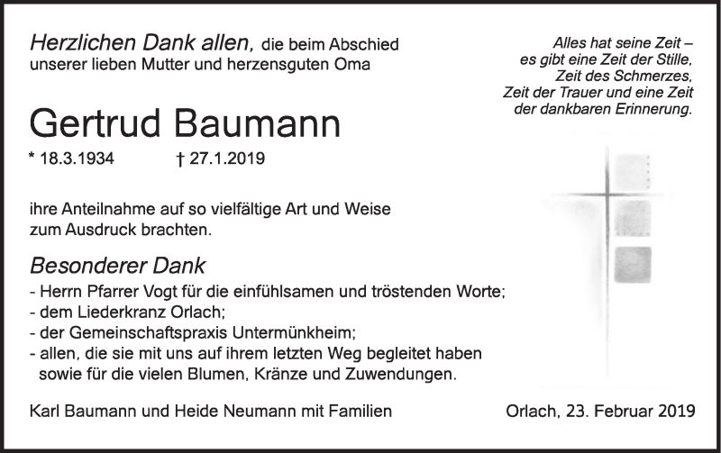  Traueranzeige für Gertrud Baumann vom 23.02.2019 aus Haller Tagblatt