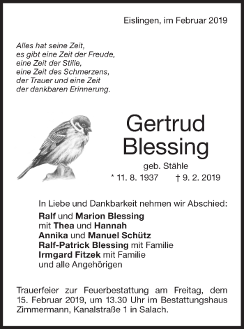 Traueranzeige von Gertrud Blessing von NWZ Neue Württembergische Zeitung