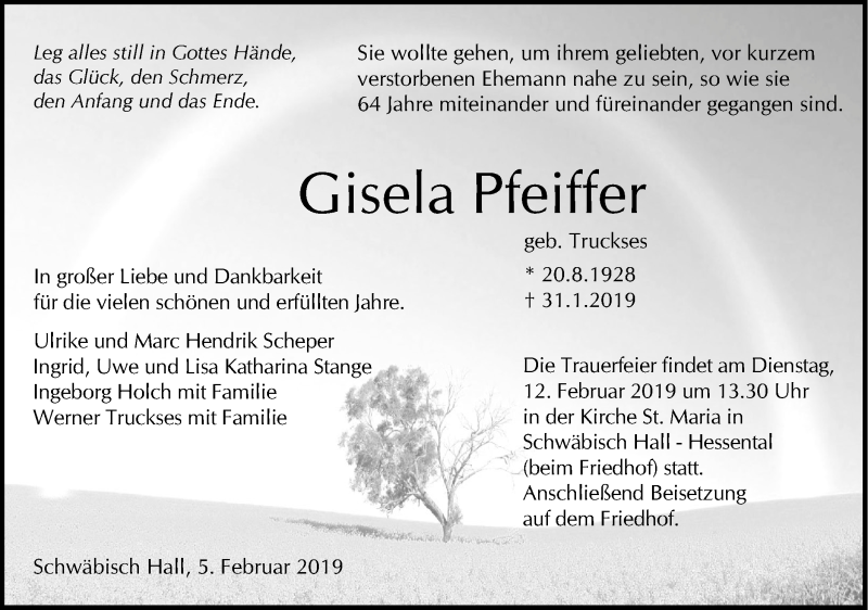  Traueranzeige für Gisela Pfeiffer vom 05.02.2019 aus Haller Tagblatt