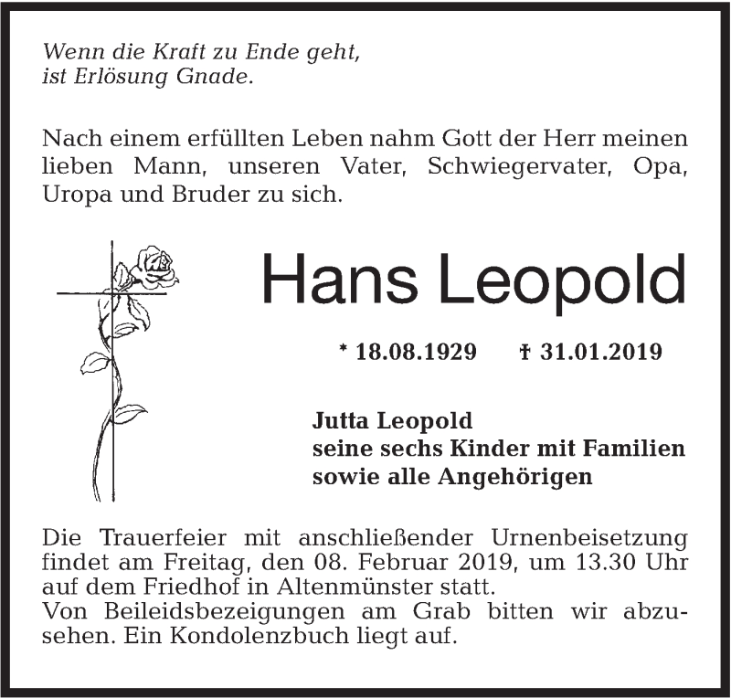  Traueranzeige für Hans Leopold vom 05.02.2019 aus Hohenloher Tagblatt