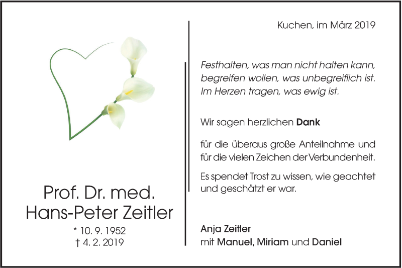  Traueranzeige für Hans-Peter Zeitler vom 01.03.2019 aus Geislinger Zeitung