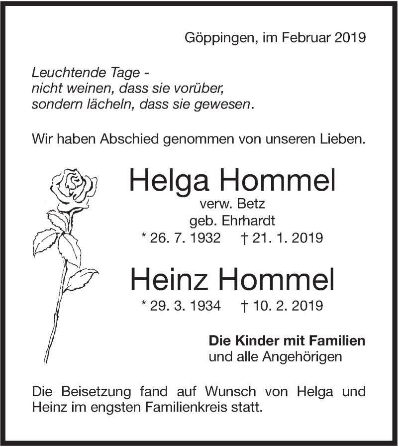  Traueranzeige für Heinz Hommel vom 22.02.2019 aus NWZ Neue Württembergische Zeitung