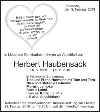 Traueranzeige von Herbert Haubensack von NWZ Neue Württembergische Zeitung