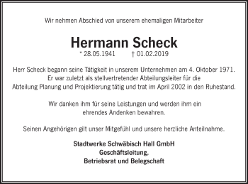 Traueranzeige von Hermann Scheck von Haller Tagblatt