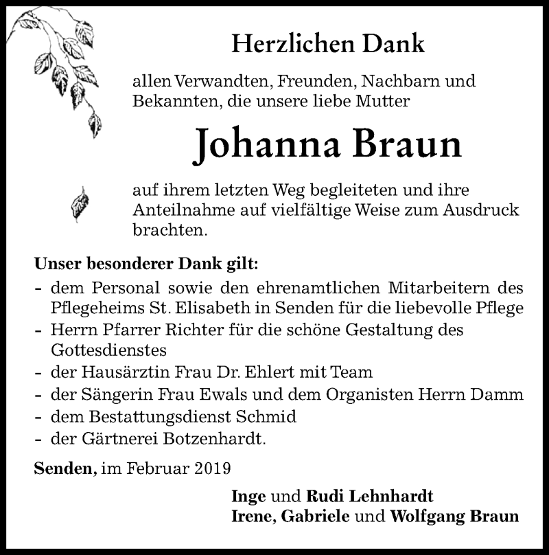  Traueranzeige für Johanna Braun vom 27.02.2019 aus SÜDWEST PRESSE Ausgabe Ulm/Neu-Ulm