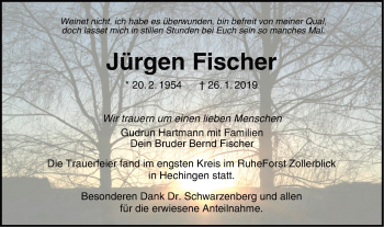Traueranzeige von Jürgen Fischer von Hohenzollerische Zeitung