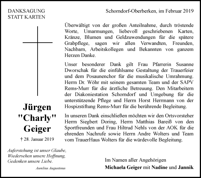  Traueranzeige für Jürgen Geiger vom 16.02.2019 aus NWZ Neue Württembergische Zeitung