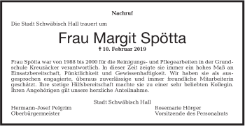 Traueranzeige von Margit Spötta von Haller Tagblatt