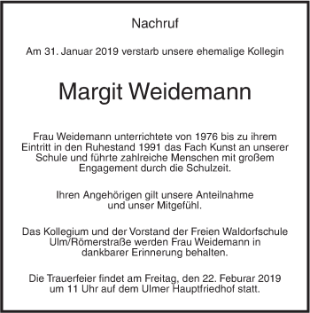 Traueranzeige von Margit Weidemann von SÜDWEST PRESSE Ausgabe Ulm/Neu-Ulm