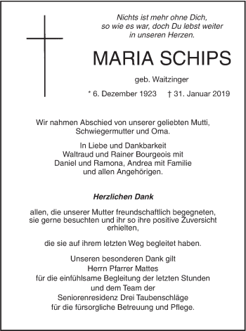 Traueranzeige von Maria Schips von SÜDWEST PRESSE Ausgabe Ulm/Neu-Ulm