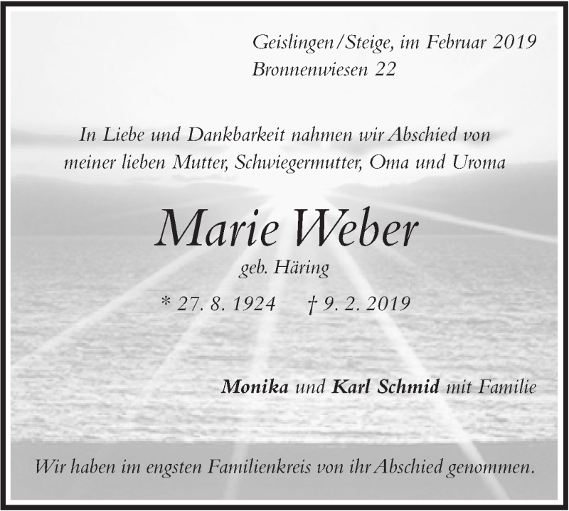  Traueranzeige für Marie Weber vom 20.02.2019 aus Geislinger Zeitung