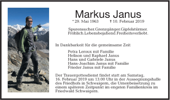 Traueranzeige von Markus Janus von Haller Tagblatt