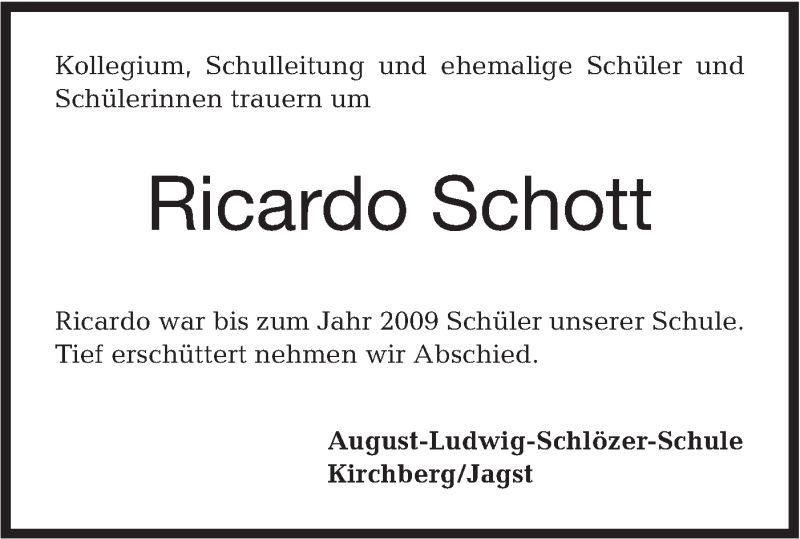  Traueranzeige für Ricardo Schott vom 07.02.2019 aus Hohenloher Tagblatt