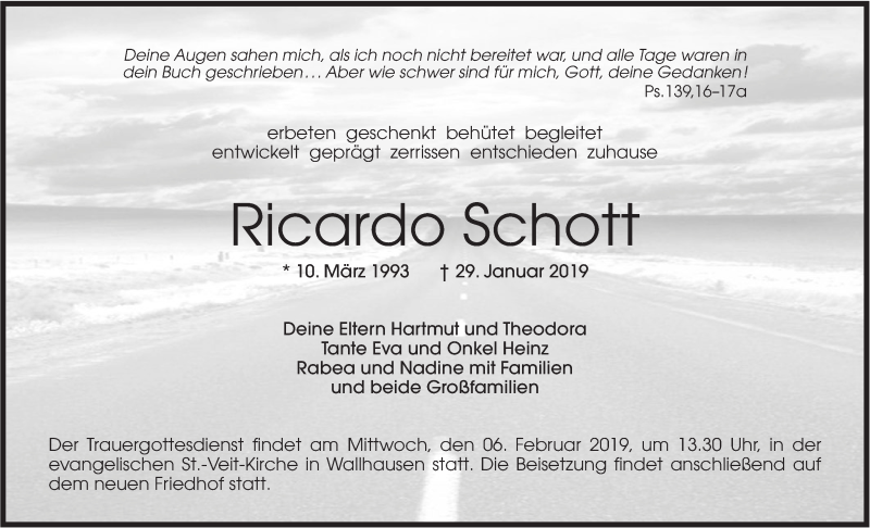  Traueranzeige für Ricardo Schott vom 05.02.2019 aus Hohenloher Tagblatt