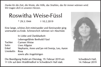 Traueranzeige von Roswitha Weise-Füssl von Haller Tagblatt