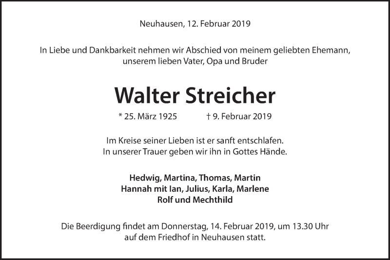  Traueranzeige für Walter Streicher vom 12.02.2019 aus Metzinger-Uracher Volksblatt