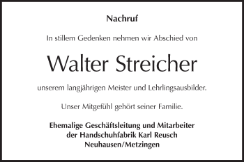 Traueranzeige von Walter Streicher von Metzinger-Uracher Volksblatt