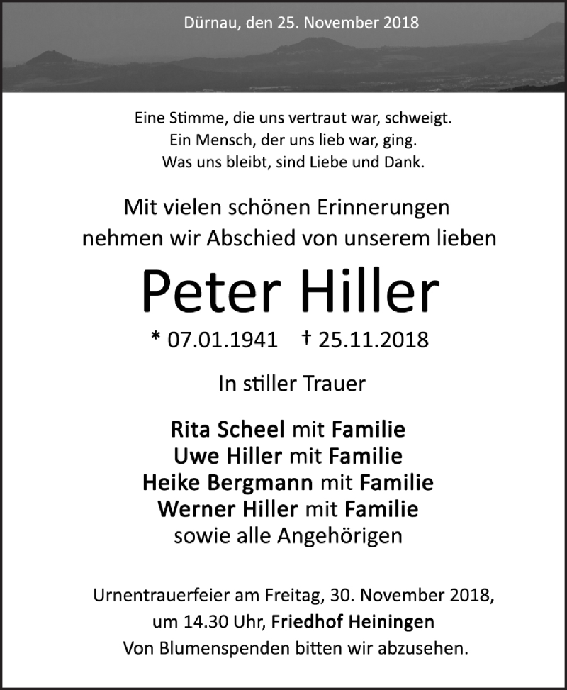  Traueranzeige für Peter Hiller vom 28.11.2018 aus NWZ Neue Württembergische Zeitung