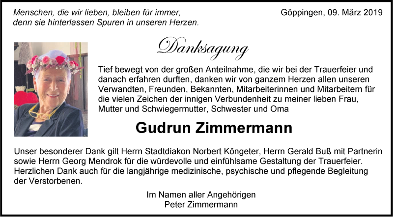  Traueranzeige für Gudrun Zimmermann vom 09.03.2019 aus NWZ Neue Württembergische Zeitung/Geislinger Zeitung