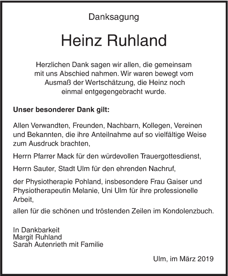  Traueranzeige für Heinz Ruhland vom 22.03.2019 aus SÜDWEST PRESSE Ausgabe Ulm/Neu-Ulm
