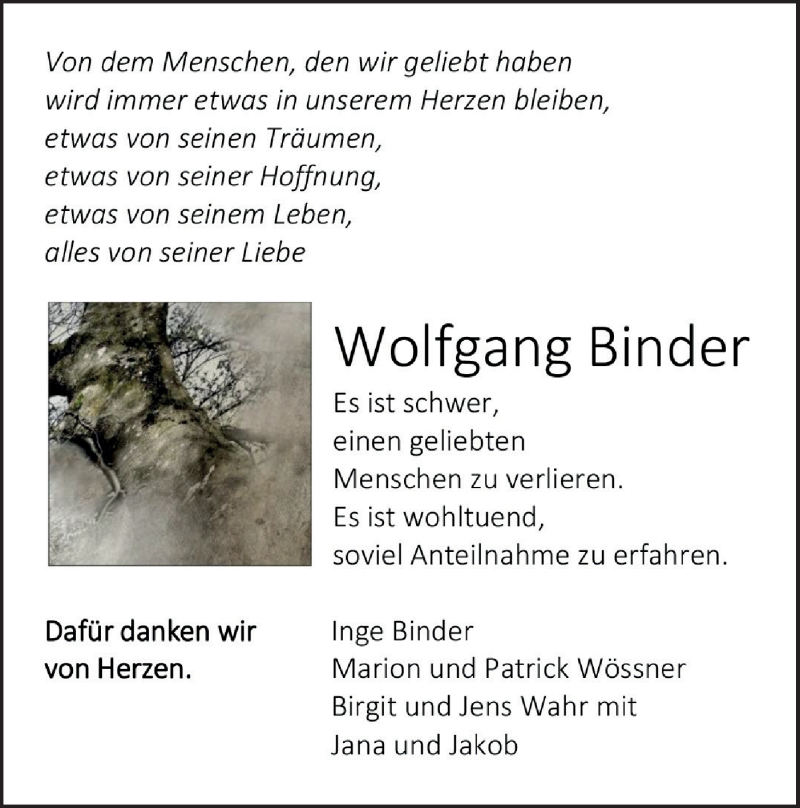  Traueranzeige für Wolfgang Binder vom 21.03.2019 aus Geislinger Zeitung