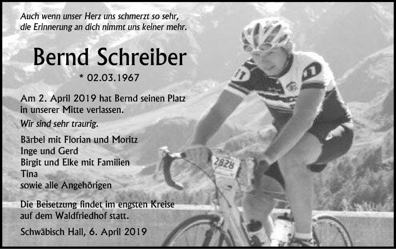  Traueranzeige für Bernd Schreiber vom 06.04.2019 aus Haller Tagblatt