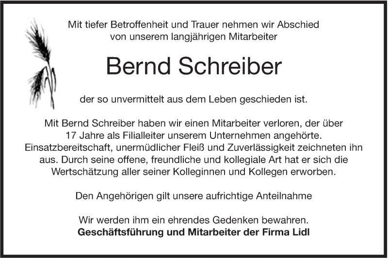  Traueranzeige für Bernd Schreiber vom 13.04.2019 aus Haller Tagblatt