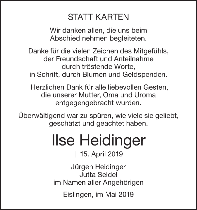 Traueranzeige für Ilse Heidinger vom 22.05.2019 aus NWZ Neue Württembergische Zeitung