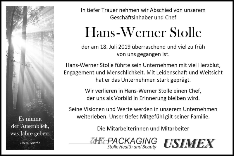  Traueranzeige für Hans-Werner Stolle vom 02.08.2019 aus Hohenloher Tagblatt