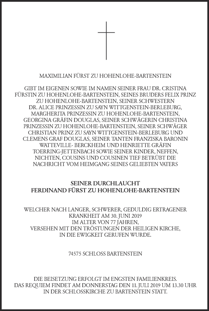  Traueranzeige für Maximilian Fürst zu Hohenlohe-Bartenstein vom 04.07.2019 aus Hohenloher Tagblatt
